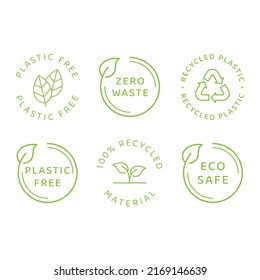 Eco safe, zero waste and recycled material. Vector label set, plastic free, eco friendly with leaf cycle.