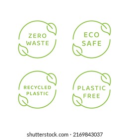 Eco safe, zero waste and recycled material. Vector label set, plastic free, eco friendly with leaf cycle.