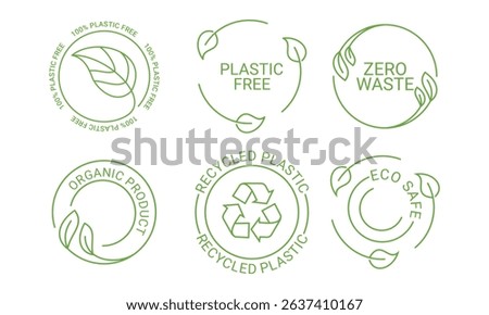 Eco safe, zero waste and recycled material. label set, plastic free, eco friendly with leaf cycle vector template