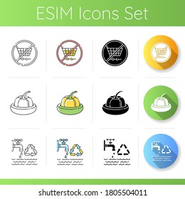 Eco Safety Tips Icons Set. Linear, Black And RGB Color Styles. Sustainalbe Lifestyle Advice. Anti Consumerism, Reusable Food Savers And Reducing Water Use. Isolated Vector Illustrations