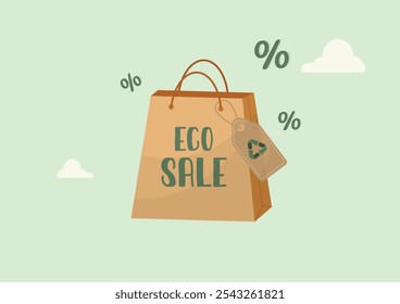 Saco de compras de venda Eco com etiqueta de reciclagem. Sexta-feira Verde. Venda Sustentável. Sexta-feira negra. Evento De Economia De Eco. Compras sustentáveis. Ilustração vetorial