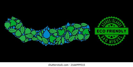 Eco Sao Miguel Island map collage of plant leaves and water dews, and ECO FRIENDLY quality medallion. Sao Miguel Island map is formed of green herbal elements and blue liquid dews.