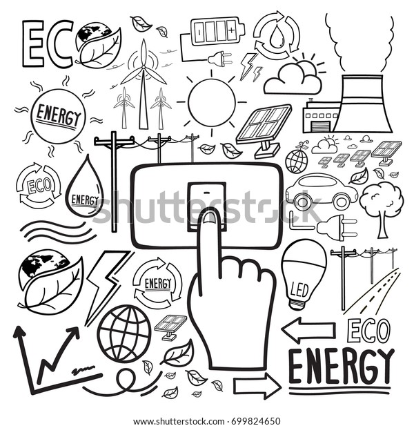 Eco and save energy\
doodle icon hand drawing.  Future and friendly energy concept.\
vector illustration. 