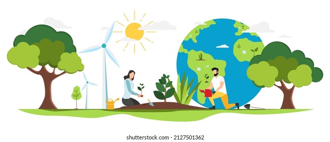 Eco. Save the planet. People live in an ecosystem. Saving eco life. Vector.