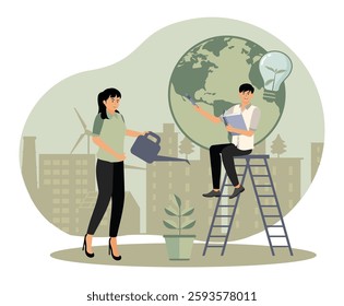 Eco. Save the planet. Sustainable Solutions Depicted with Eco Friendly Actions and Green Innovation. Flat vector modern illustration 