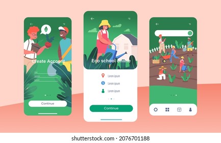Eco School Online Mobile App Page Onboard Screen Template. Little Gardeners Boys or Girls Characters Planting and Caring of Plants. Children Gardening Work. Concept. Cartoon People Vector Illustration
