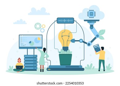 Innovación científica ecológica, tecnología e ilustración vectorial de mejora de ideas. Personas diminutas en caricatura reparan bombilla, diseñan lámparas creativas modernas con ayuda de armas de robot y equipos de laboratorio