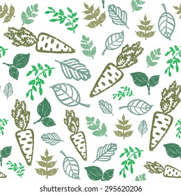 eco seamless hand drawn pattern. Bio food, organic. Carrot and leaves green background. Vector  illustration