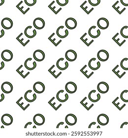 ECO seamless pattern. Green letters on white isolated background. Vector minimalistic design for prints, packaging, wrapping paper etc.