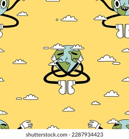 Eco seamless pattern in groovy retro cartoon style. Happy earth day, environment day, ecology design. Trendy vintage cute earth planet character and clouds on bright sunny yellow background