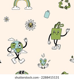 Eco seamless pattern in groovy retro cartoon style. Happy earth day, environment day, ecology zero waste design. Trendy vintage cute earth planet character, eco bag, bottle elements