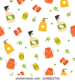 Eco seamless pattern. Hand drawn eco life illustration. Zero waste, plastic free, eco life. Go green, no plastic concept. Zero waste shopping. Perfect for fabric, textile, wrapping.