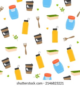 Eco seamless pattern. hand drawn eco life illustration. Zero waste, plastic free, eco life. Go green, no plastic concept. Zero waste shopping. Perfect for fabric, textile, wrapping.