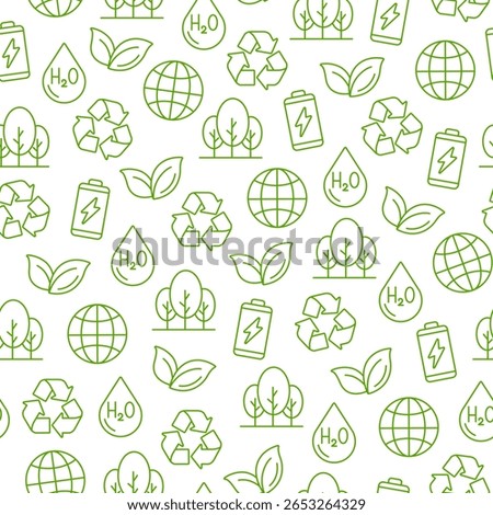 Eco Seamless Pattern with line art icons in fresh green color isolated on white background.