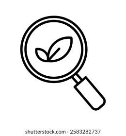 
eco search line icon, Closeup magnifying glass with leaf inside, perfect for ecofriendly concepts, nature exploration, biology, and environmental themes in design projects.
