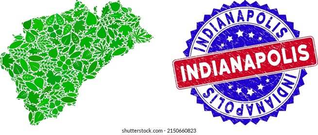 Eco Segovia Province map collage of herbal leaves in green color variations with grunge bicolor Indianapolis seal. Red and blue bicolored stamp with grunge surface and Indianapolis slogan.