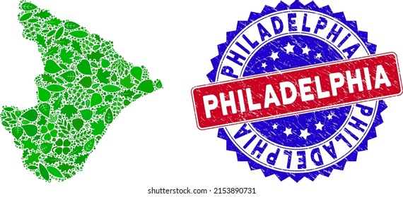 Eco Sergipe State Map Collage Of Plant Leaves In Green Color Variations And Grunge Bicolor Philadelphia Seal. Red And Blue Bicolored Seal With Grunge Texture And Philadelphia Word.