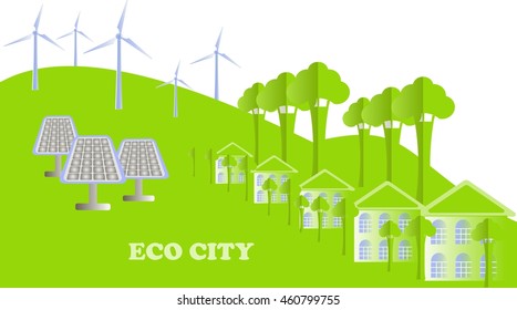 Eco series. Eco city background. White buildings, green tree, hills, windmills, solar panels on white, vector illustration 