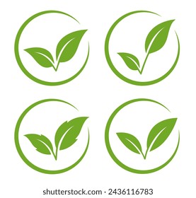 eco set of abstract green leaves icons, environmental signs and label, plant branches, letter v, twigs tea and natural sprigs round emblems