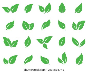 Eco set of abstract isolated green leaves icons, signs and label, plant branches, twigs tea and natural sprigs silhouettes on white background