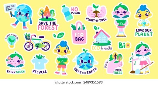 Conjunto de pegatinas de dibujos animados con niños lindos. Colección colorida de pegatinas de Vector ambiental.