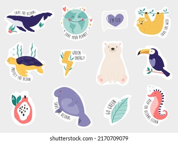 Eco set of colorful stickers. Green energy, save oceans, save the wild, global warming sustainable living concept