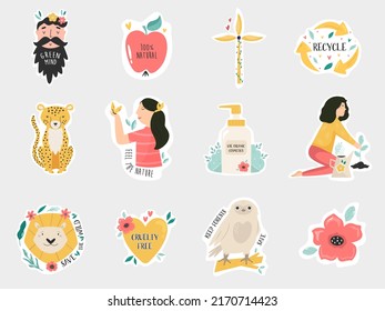 Eco set of colorful stickers. Green energy, zero waste, cruelty free, sustainable living concept