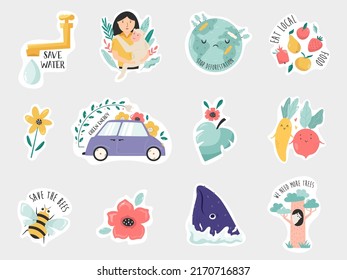 Eco set of colorful stickers. Green energy, save bees, plant trees, wildlife protection, sustainable living concept