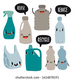 Eco set with cute plastic bag, bottles and speech bubbles. Reduce, reuse, recycle. Use less plastic, go green collection. Zero waste life concept. Flat vector illustration with hand written text