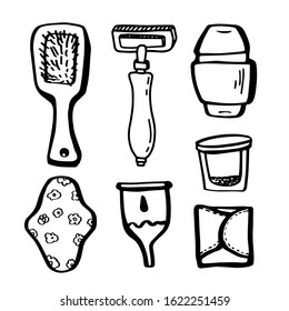 Eco set for girl.Female ecology accessories in doodle style isolated on white background.Zero waste. Wooden comb,shaving machine,glass jar,reusable gasket,eco coffee cup,silicone menstrual cup.Vector.