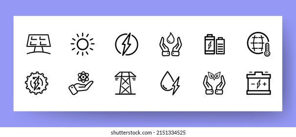 ECO set icon. Solar battery, sun, energy, battery, temperature, station, drop, battery, etc. Grean peace concept. Vector line icon for Business and Advertising.