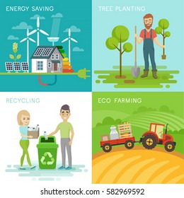 Eco set, recycling, planting trees, energy saving, eco farming themes. Vector illustration.