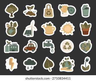 Öko-Set im skandinavischen Stil präsentiert verschiedene Umweltsymbole, die verantwortungsvolle Gewohnheiten für den Erhalt der Natur durch erkennbare Symbole, Schutzbewusstsein und Werte unterstützen