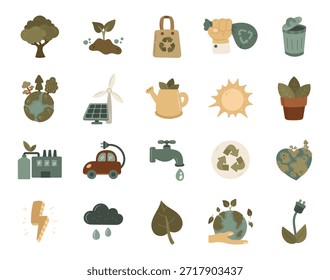 Eco ambientado en estilo escandinavo presentando diversos símbolos ambientales apoyando hábitos responsables para preservar la naturaleza a través de iconos reconocibles, protección, conciencia y valores