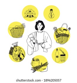 Eco set of zero waste recycle ecology protection vector illustration. No waste, environmental friendliness, eco-style.