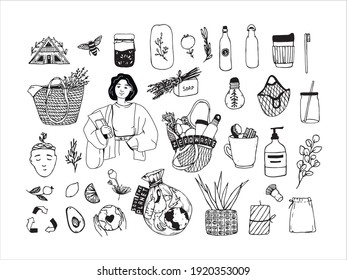 Eco set of zero waste recycle ecology protection vector illustration. No waste, environmental friendliness, eco-style.