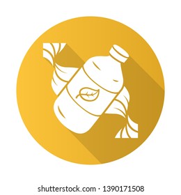Eco shampoo flat design long shadow glyph icon. Organic cosmetics. Natural shampoo. Eco friendly, chemicals free hair care product. Reusable, recycle plastic bottle. Vector silhouette illustration