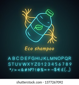 Eco shampoo neon light icon. Organic cosmetics. Eco friendly, chemicals free hair care product. Reusable plastic bottle. Glowing sign with alphabet, numbers and symbols. Vector isolated illustration