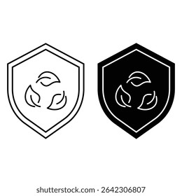 Insignia de protección de escudo ecológico con contorno de emblema de hoja y Ilustración vectorial sólida de símbolo de cuidado ambiental para la seguridad verde de la naturaleza.