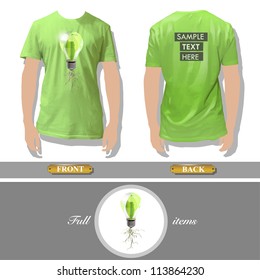 Eco shirt design with bulb inside. Realistic vector illustration.