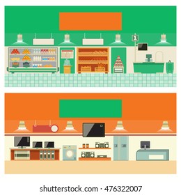 Eco shop and consumer electronics interior. Cartoon vector illustration