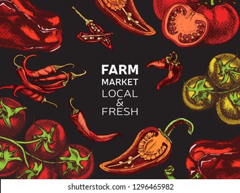 Eco shop farm product. Vector sketch vegetables. Organic farm shop.