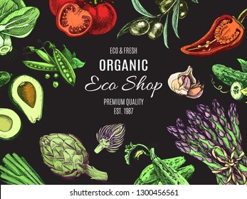 Eco shop farm product. Vector sketch vegetables. Organic farm shop.