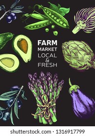 Eco shop farm product. Vector sketch vegetables. Organic farm shop.