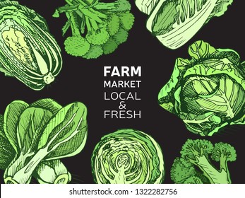 Eco shop farm product. Vector sketch vegetables. Organic farm shop.