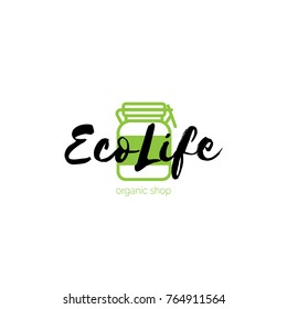 Eco shop vector logo with green jar. Fresh bar symbol