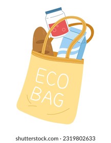 Eco shopping bag, fabric tote bag with food, bread, milk and jam. Say no plastic. Eco friendly and Zero waste concept. Flat cartoon style vector illustration isolated on white background.