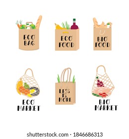 Eco shopping bag flat illustration. Zero waste, less is more, plastic free, bio market, recycle concept. Vector stock illustration isolated on white background for print.