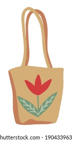 Eco shopping bag with flower print. Hand drawn vector illustration. Colored cartoon doodle. Single drawing isolated on white background. Element for design, print, sticker, postcard, decoration, wrap.