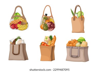 Eco shopping bag with food set vector illustration. Cartoon isolated eco friendly mesh pouch, zero waste shopper handbag with handles with fruit, vegetables and grocery products, paper brown package